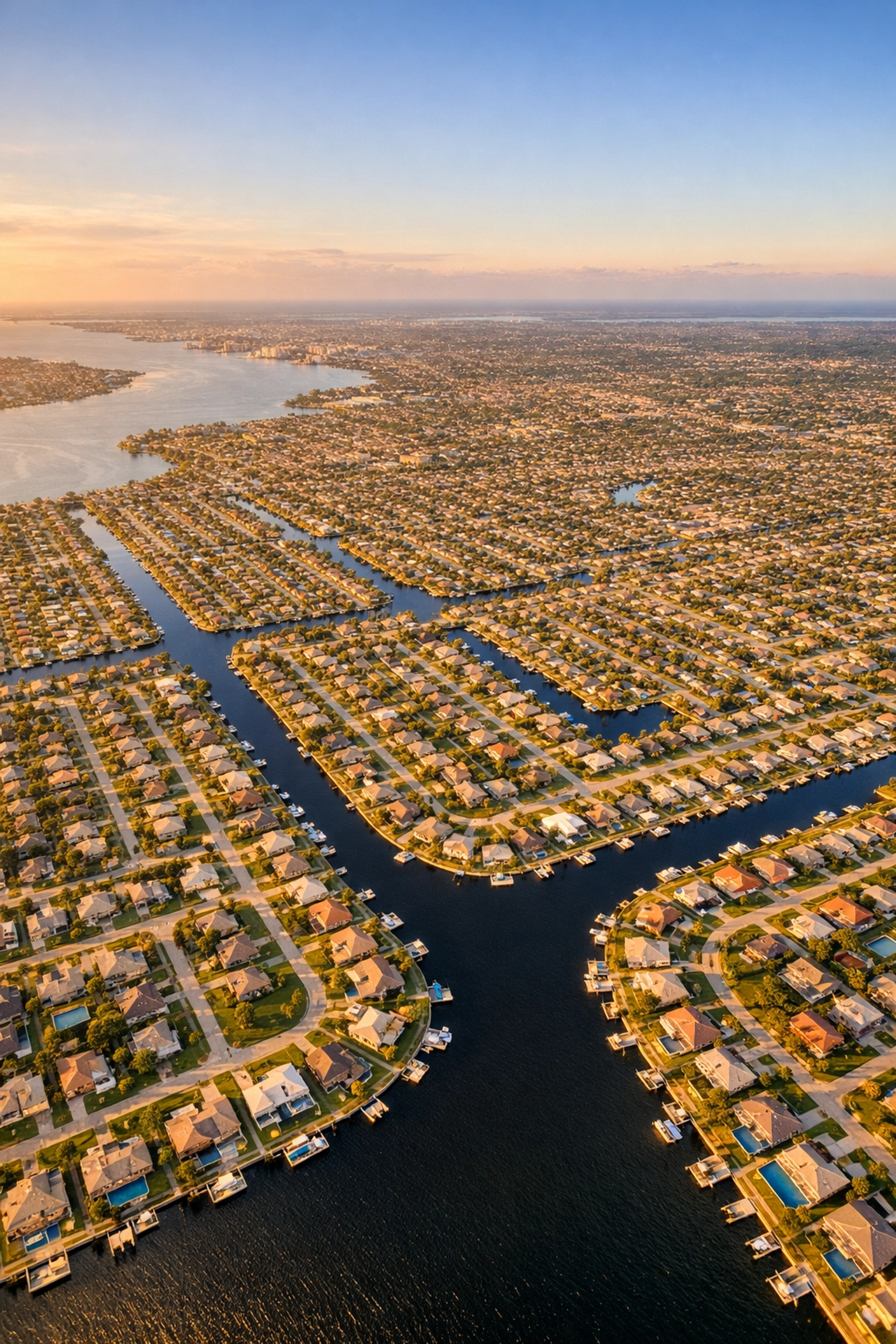 Aerial view of the Cape Coral grid system showing neighborhoods and the extensive canal network.