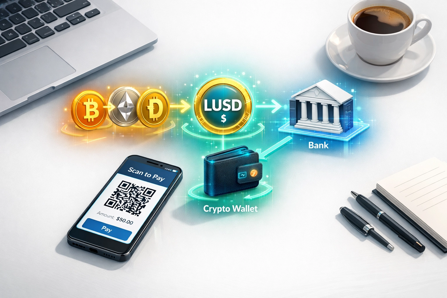 QR code crypto payment converting to LUSD stablecoin for merchant payment stability