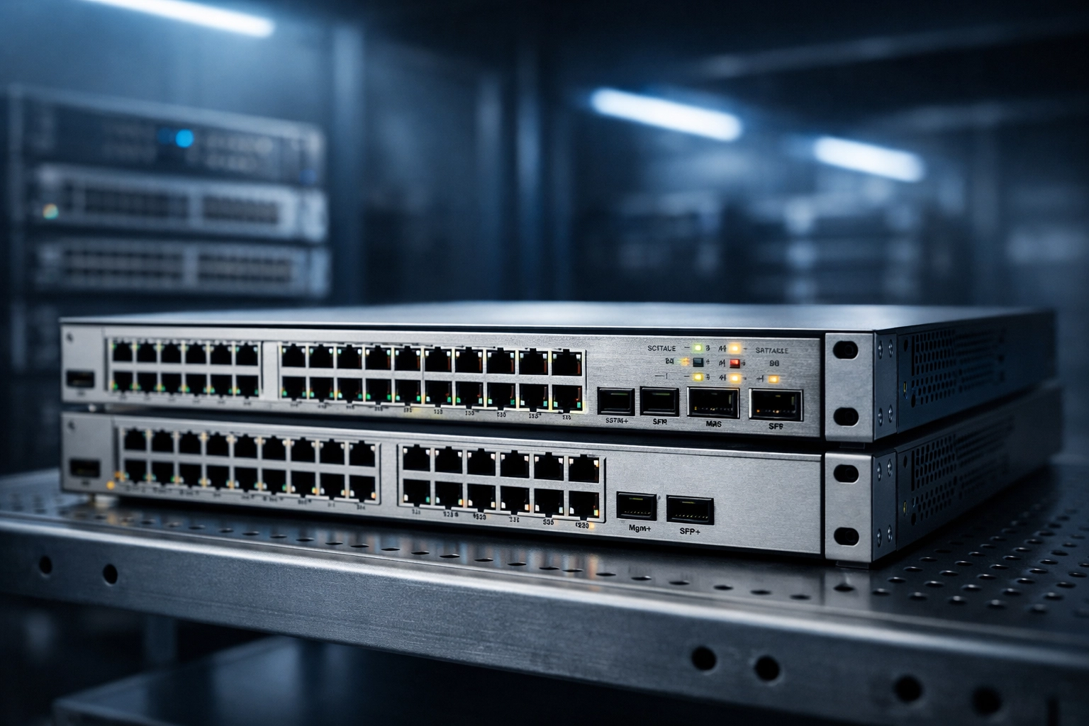 Refurbished Cisco switches in stock and ready for immediate dispatch from a high-tech warehouse.