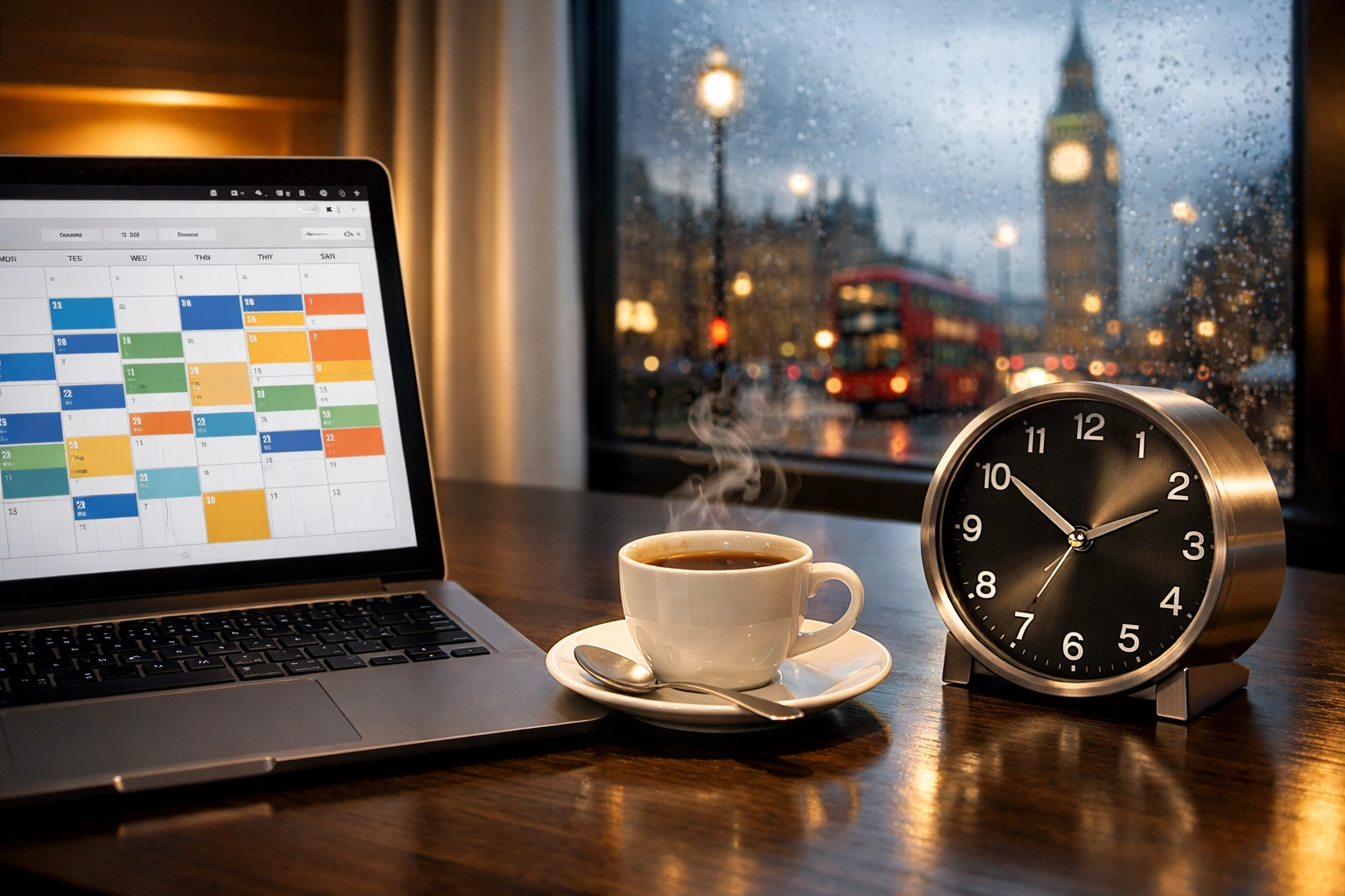 A laptop showing a global meeting scheduler on a desk with a view of a rainy London street.