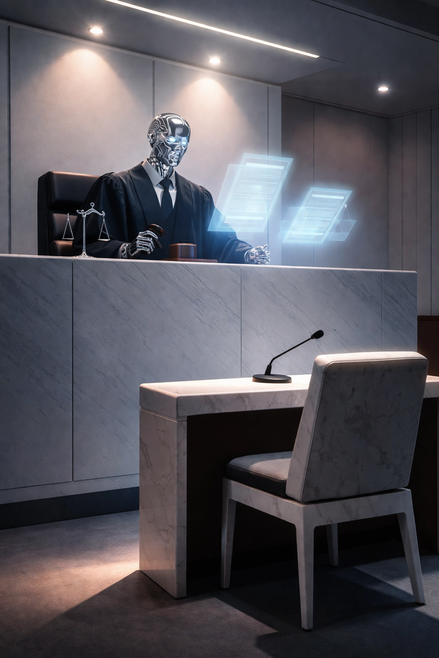 A chrome AI judge and empty marble witness chair in a minimalist courtroom, illustrating credibility in LLM optimization.