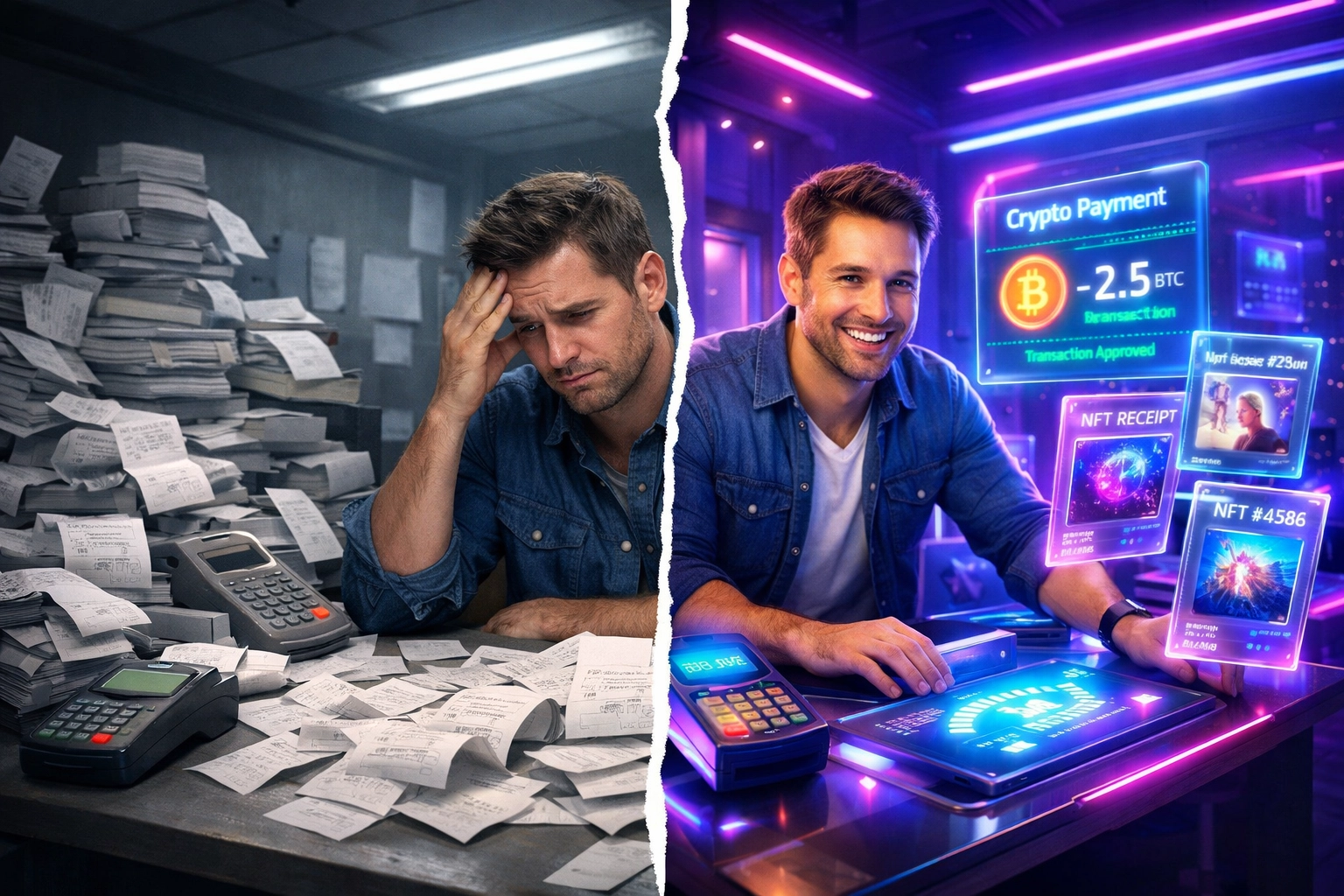 Merchant transitioning from traditional payment terminals to Web3 crypto payment systems with NFT receipts