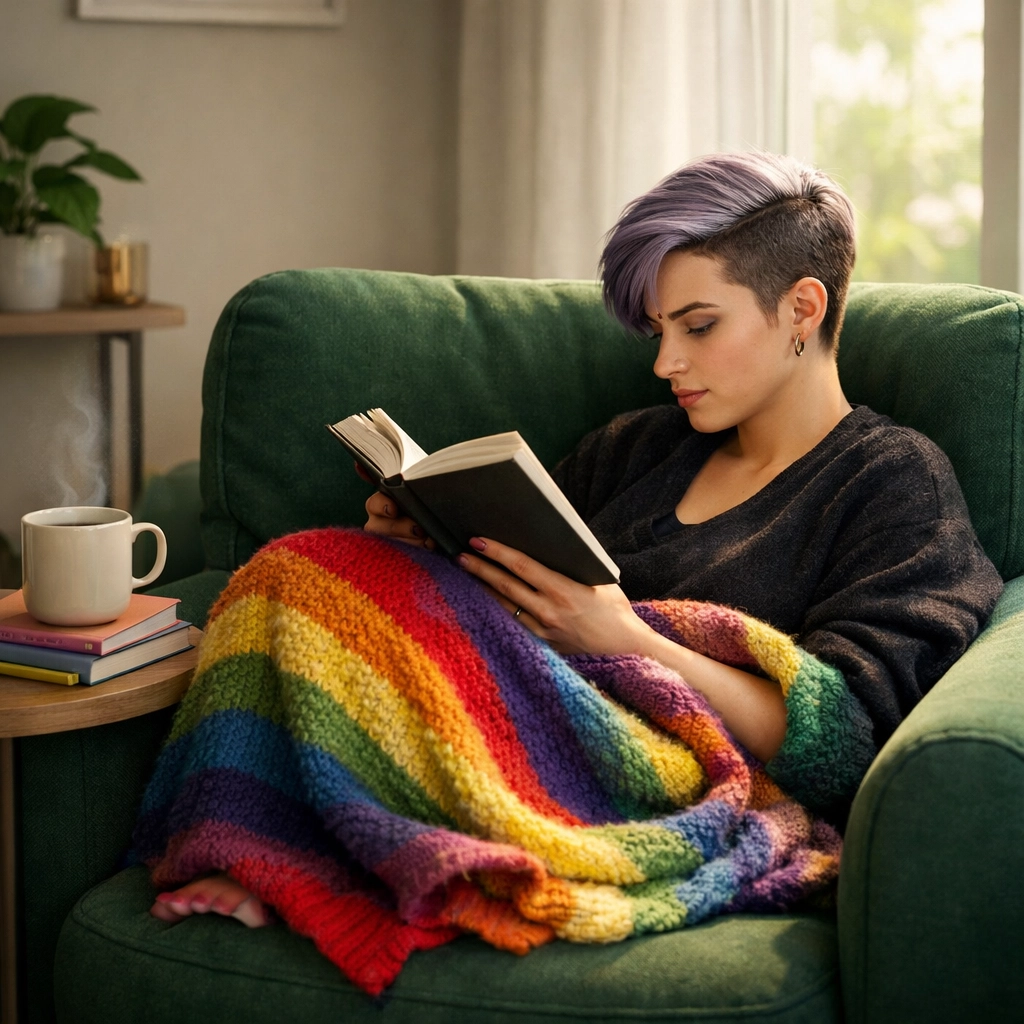 A non-binary person relaxes in a cozy chair reading LGBTQ+ ebooks and gay novels for self-care.