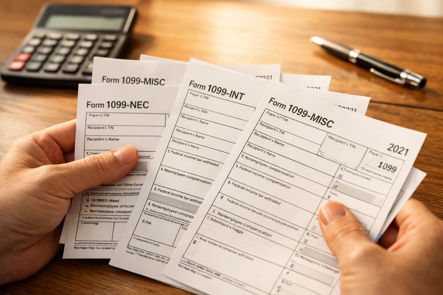 Person organizing 1099 tax forms with calculator for accurate tax filing