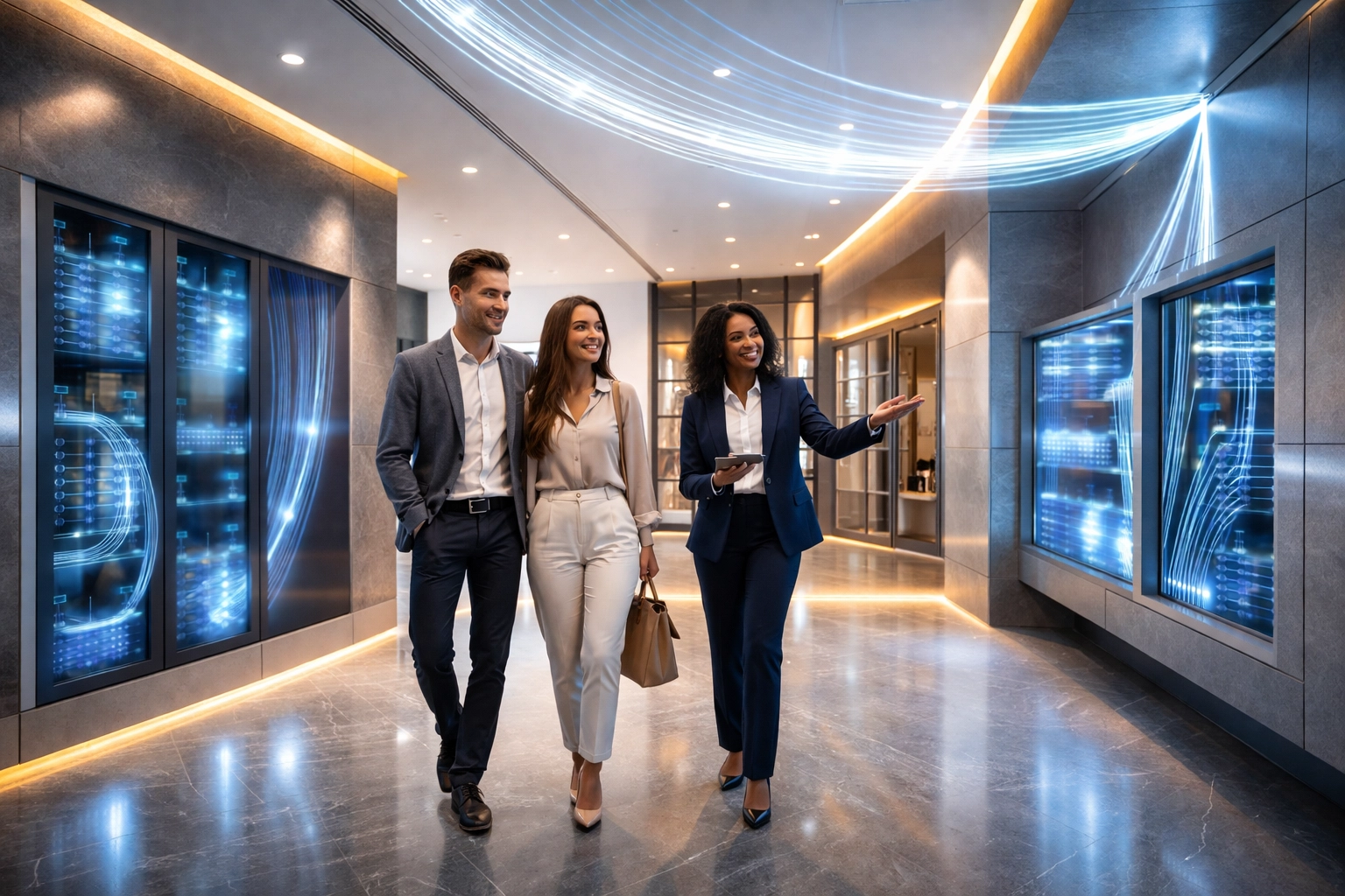 Modern apartment building lobby with fiber optic cables, highlighting bulk fiber internet as a top amenity for tenants
