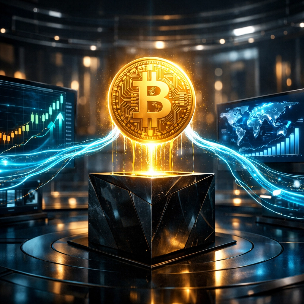 Futuristic digital vault displaying Larecoin receivables tokens and merchant liquidity for global Web3 payments.