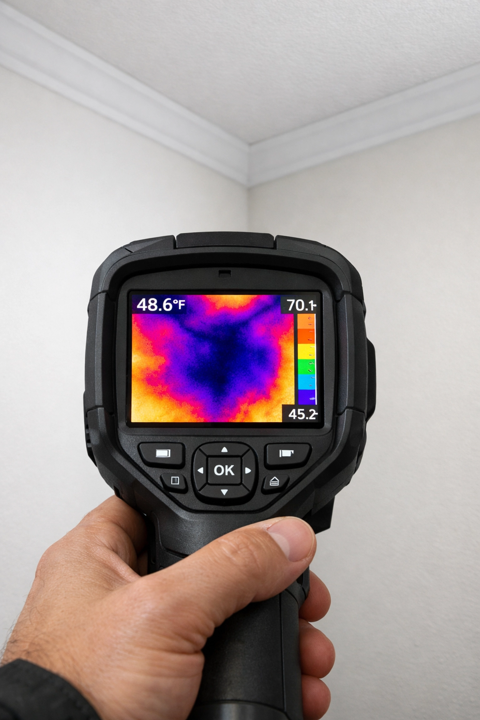 A thermal imaging camera detecting hidden moisture behind a wall during a water damage inspection.