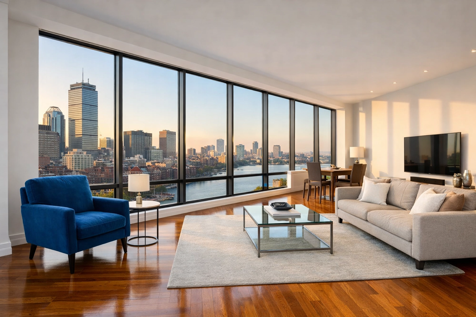 Decluttered luxury loft living room highlighting successful Apartment Cleaning in Boston for a move-in ready home.