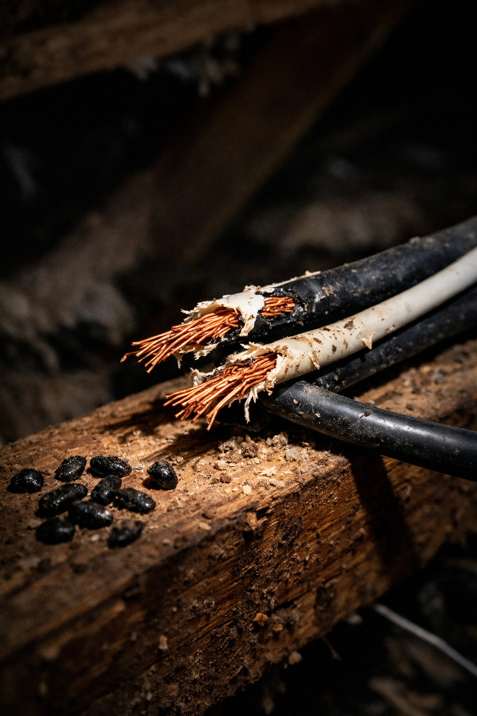 Chewed electrical wiring in attic from rodent damage requiring professional pest control