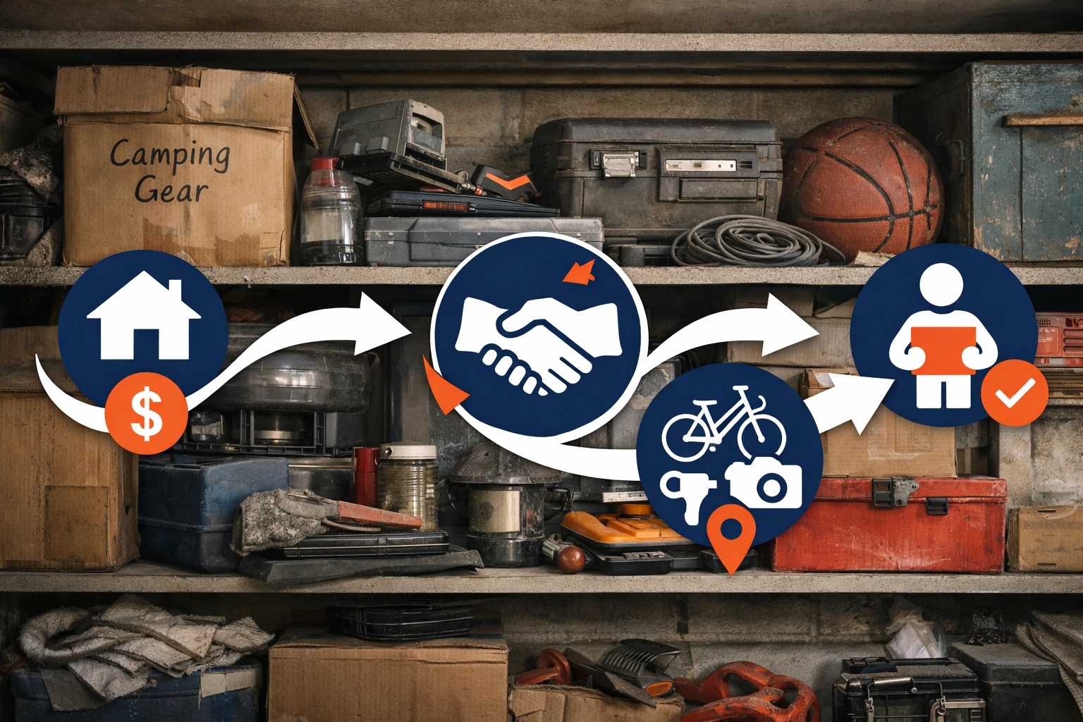 Cluttered garage shelf with unused equipment compared to the organized efficiency of peer-to-peer tool rentals.