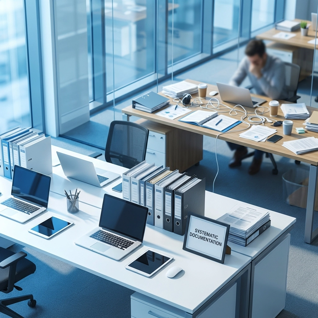 Workspace comparison highlighting organized digital documentation versus clutter, underscoring best practices.