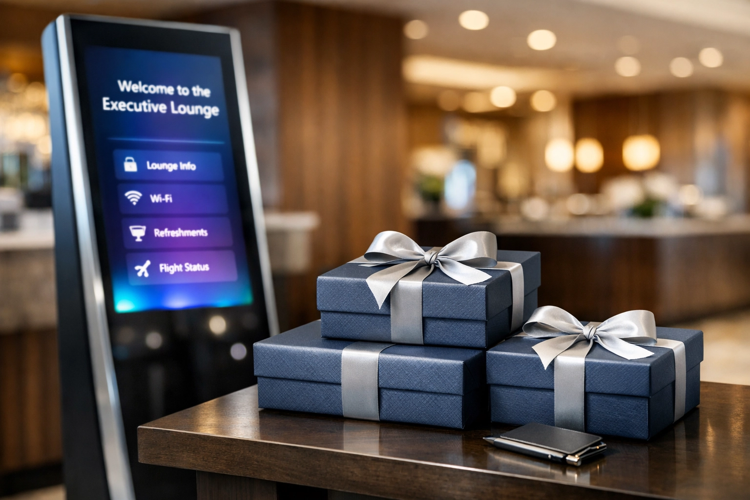 Sophisticated executive lounge with premium branded gifts for VIP corporate guest hospitality.