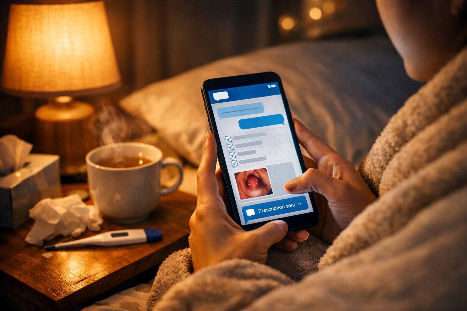 Patient using secure medical messaging to get a strep throat treatment online prescription from home.