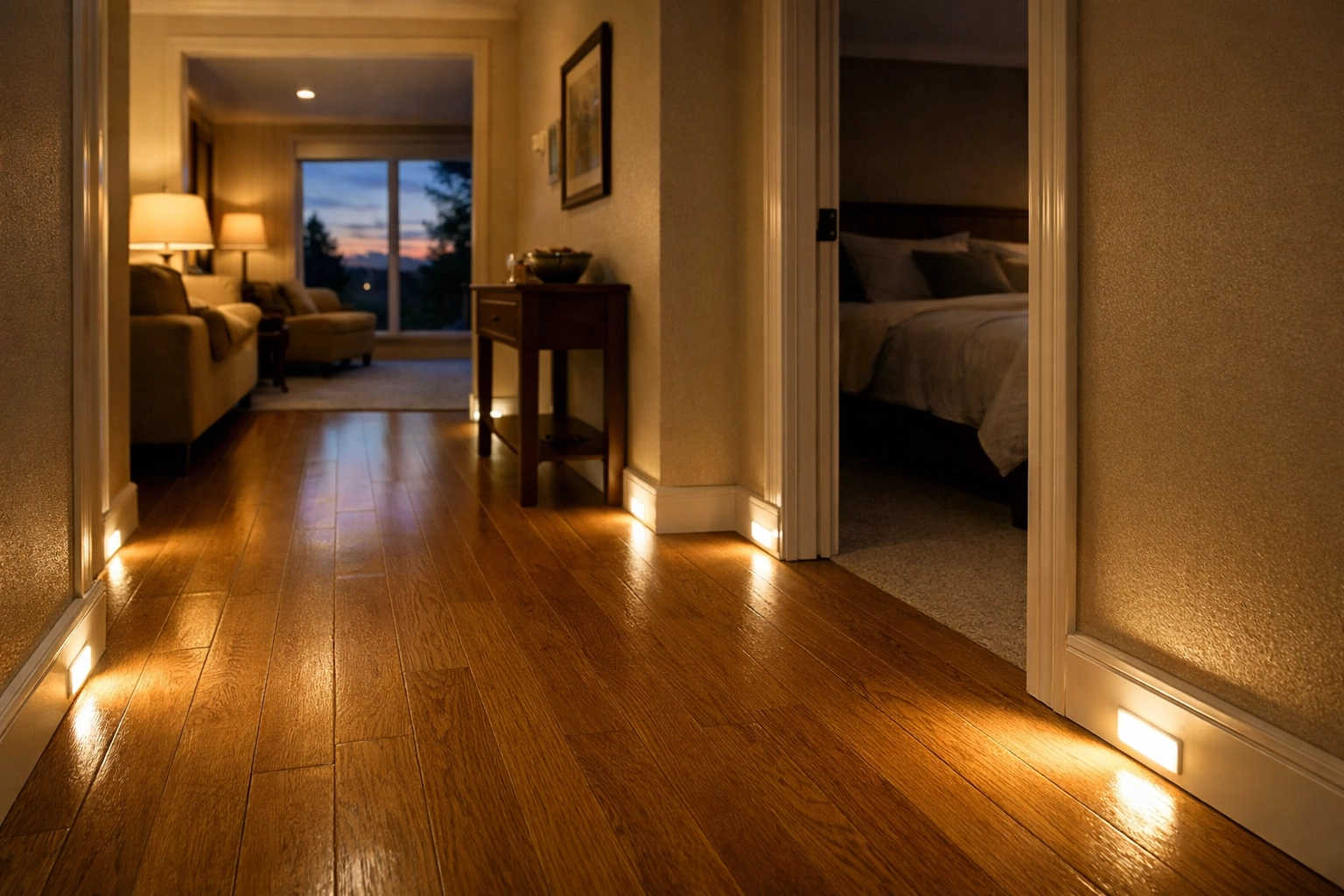 Motion-activated LED lighting illuminating a hallway floor to reduce trip hazards in dark transition zones.
