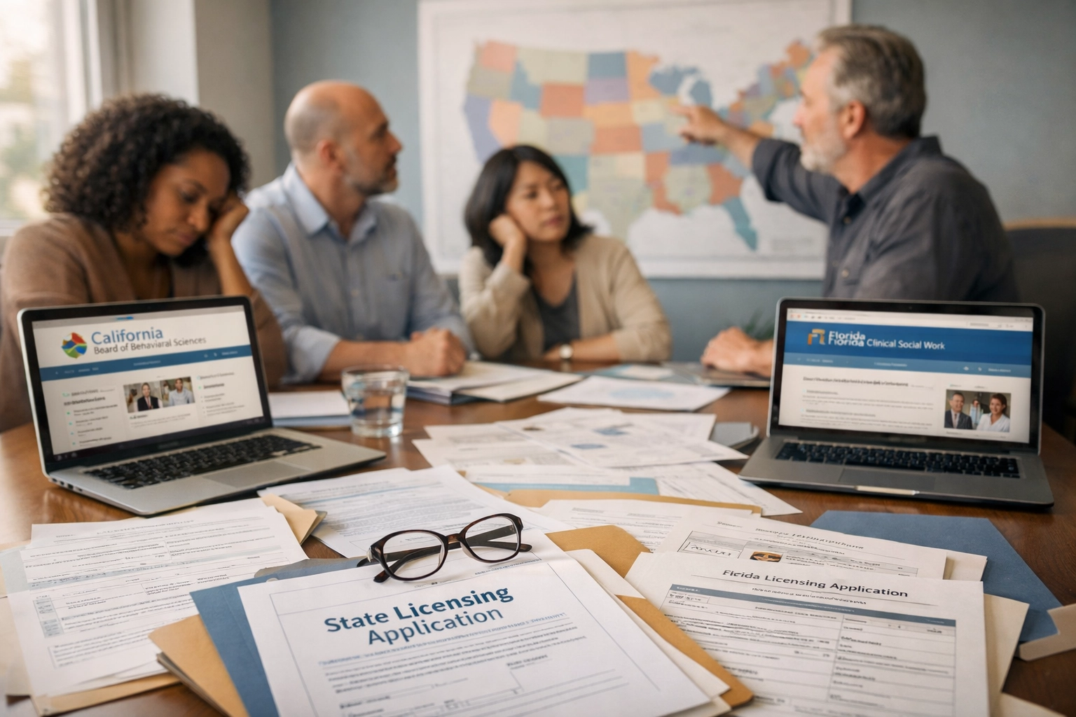 Behavioral health clinicians reviewing multi-state licensing documents and regulatory maps