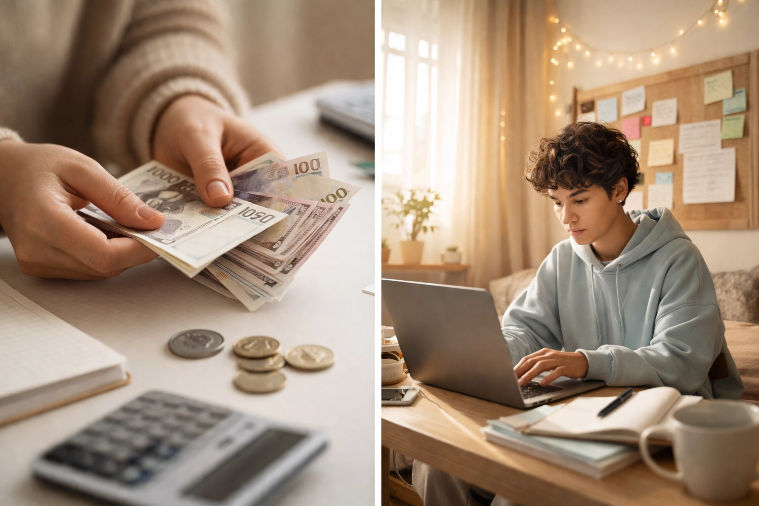 Contrasting image of limited funds and a young person building a startup from a modest bedroom workspace