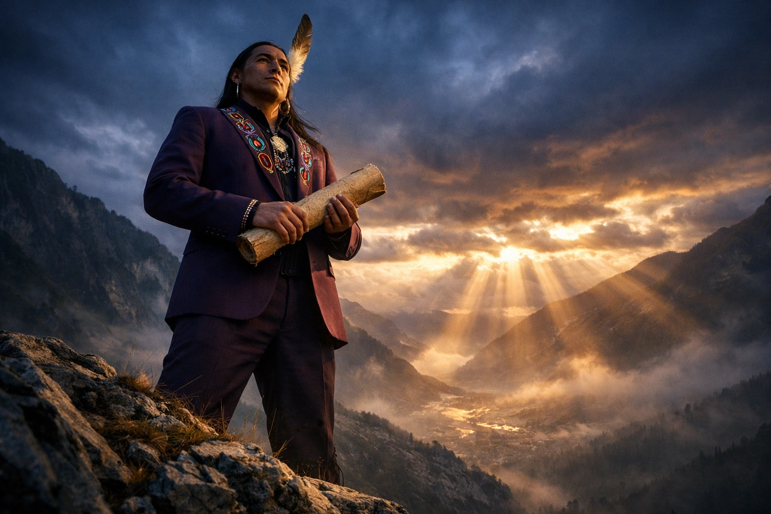 Indigenous leader with tribal scroll representing sovereignty and tax exemption rights on ancestral land.