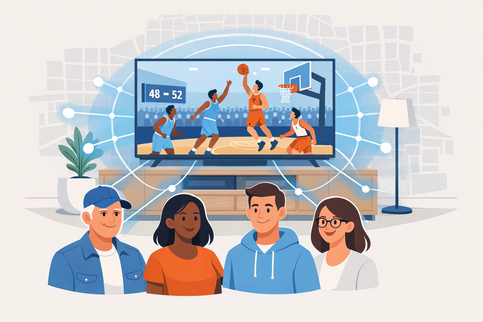 Targeted political ads on a TV showing a live sports game connecting to voters in a specific geographic area.