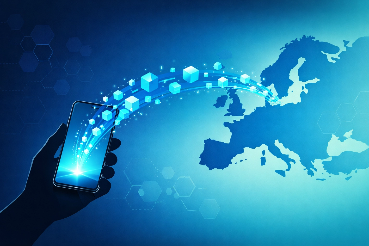 Mobile digital payment data flowing across a map of Europe representing the EPI wallet initiative.