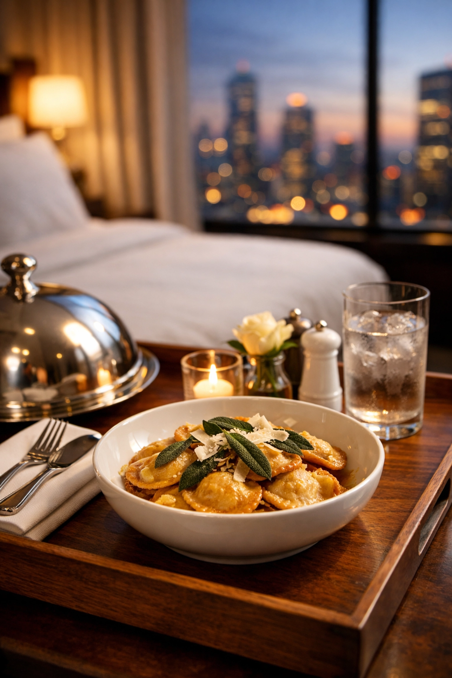 Gourmet butter-glazed ravioli served on a room service tray in a luxury hotel suite with a city view.