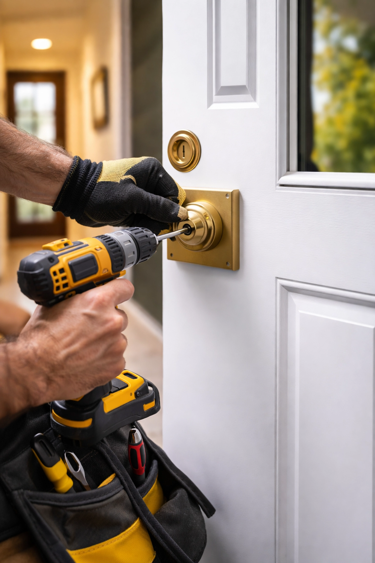 Locksmith installing a deadbolt on a new Indianapolis home, ensuring property security after purchase.