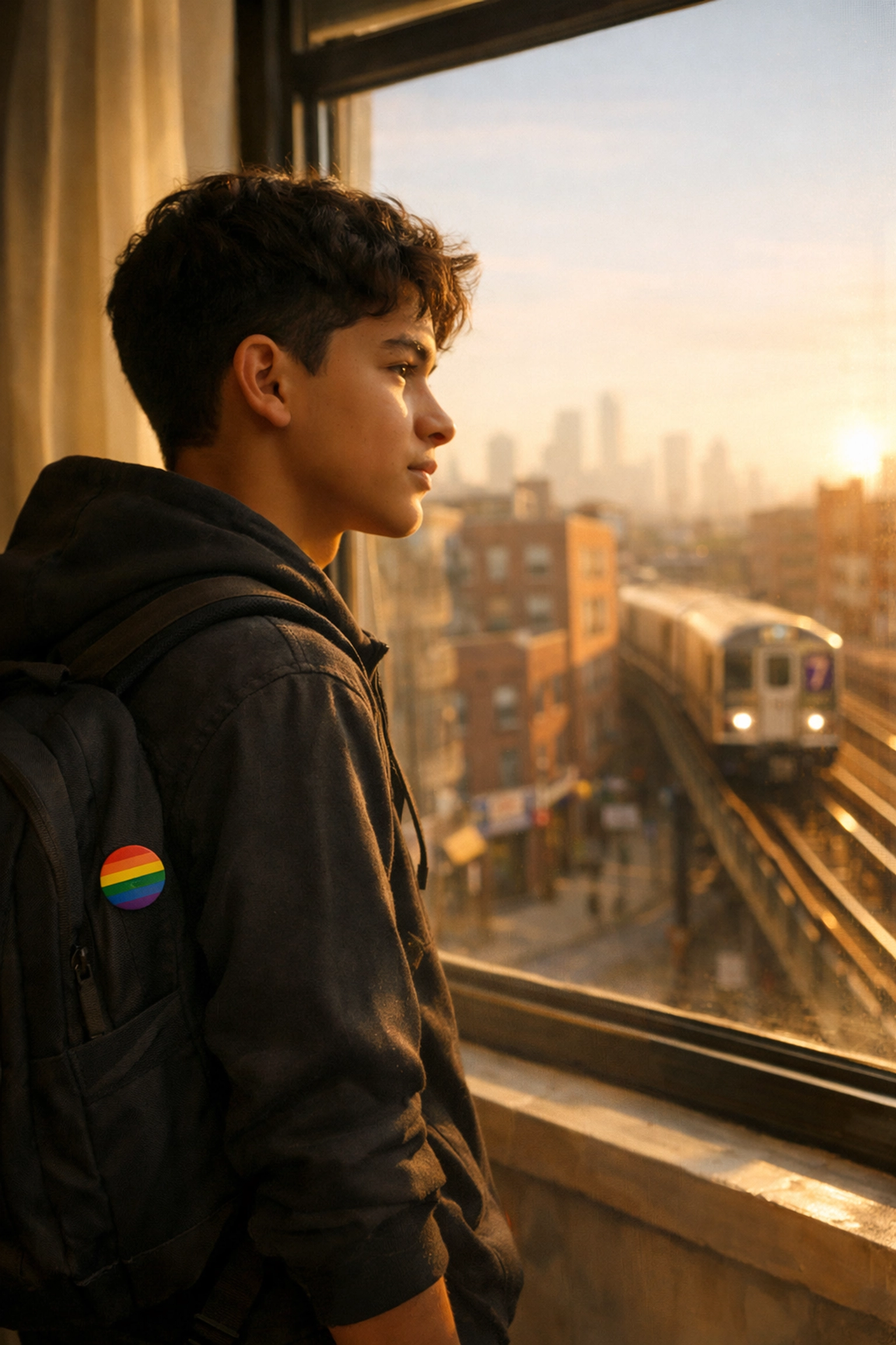 Gay teen with rainbow pride pin by apartment window in Queens New York City