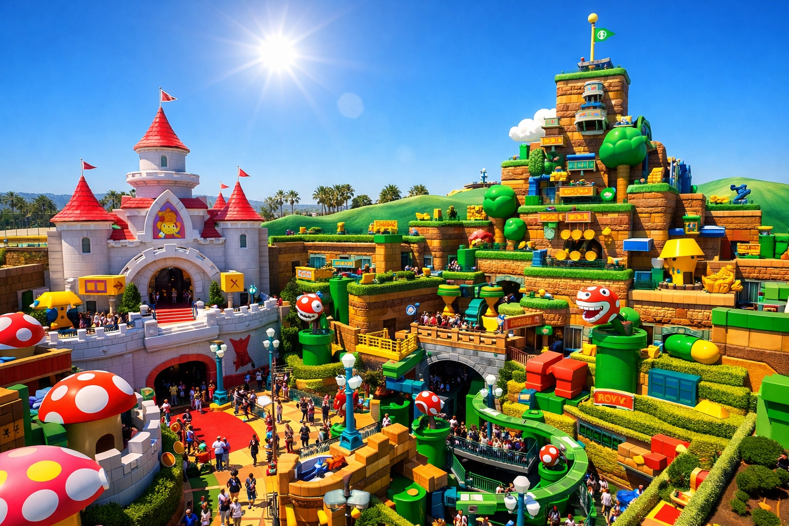Vibrant view of Super Nintendo World at Universal Studios Hollywood, one of the best photography locations.