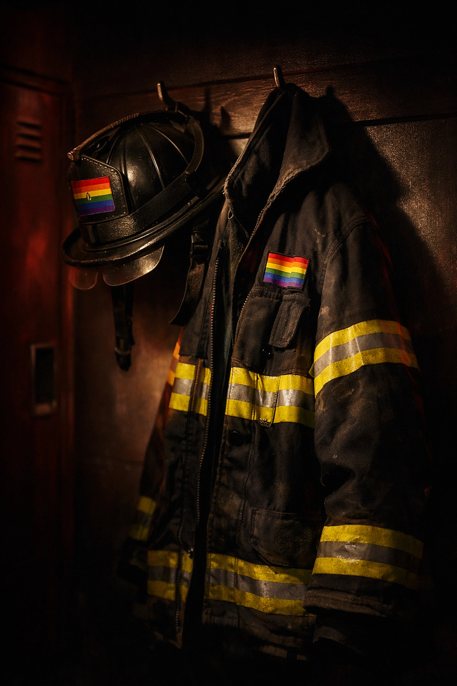 Firefighter uniform hanging in locker room symbolizing vulnerability in gay romance