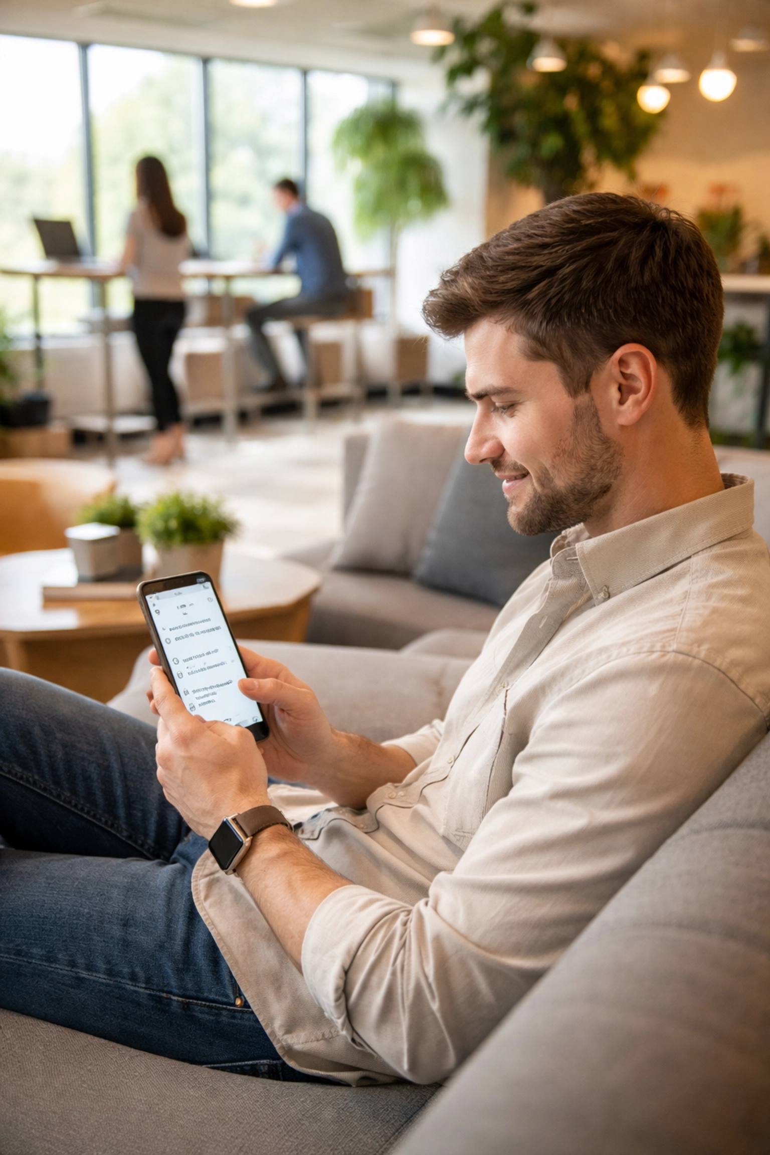Professional using mobile chat interface to illustrate ServiceNow Virtual Agent's seamless multi-channel accessibility in the workplace.