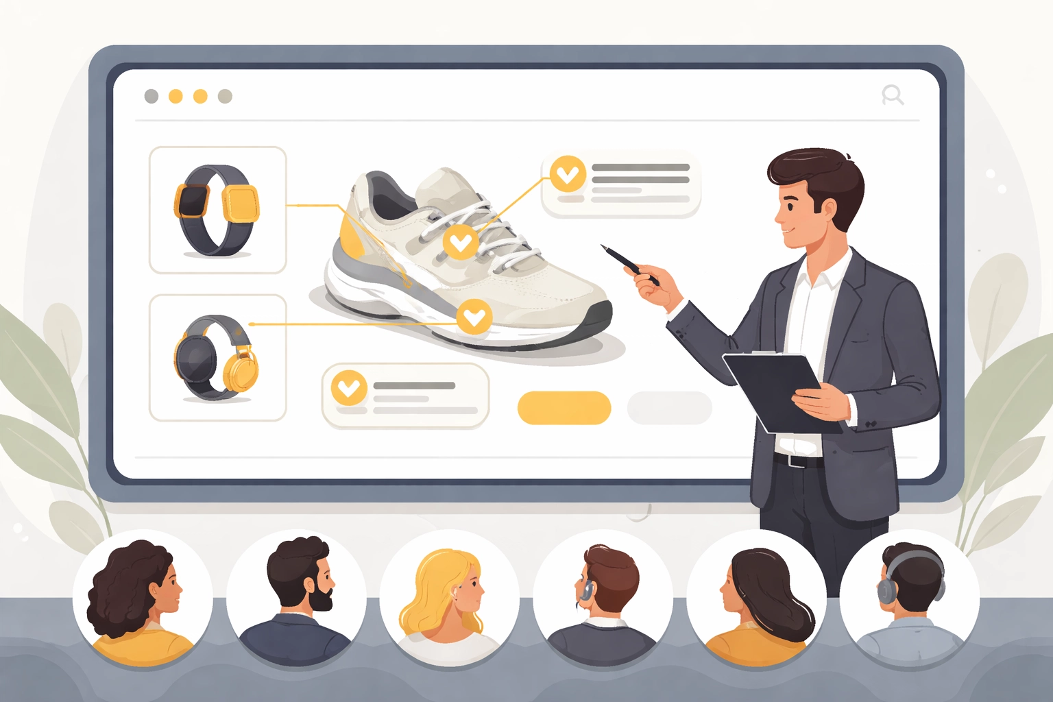 Presenter demonstrating products to an online audience via interactive webinar software with clickable hotspots