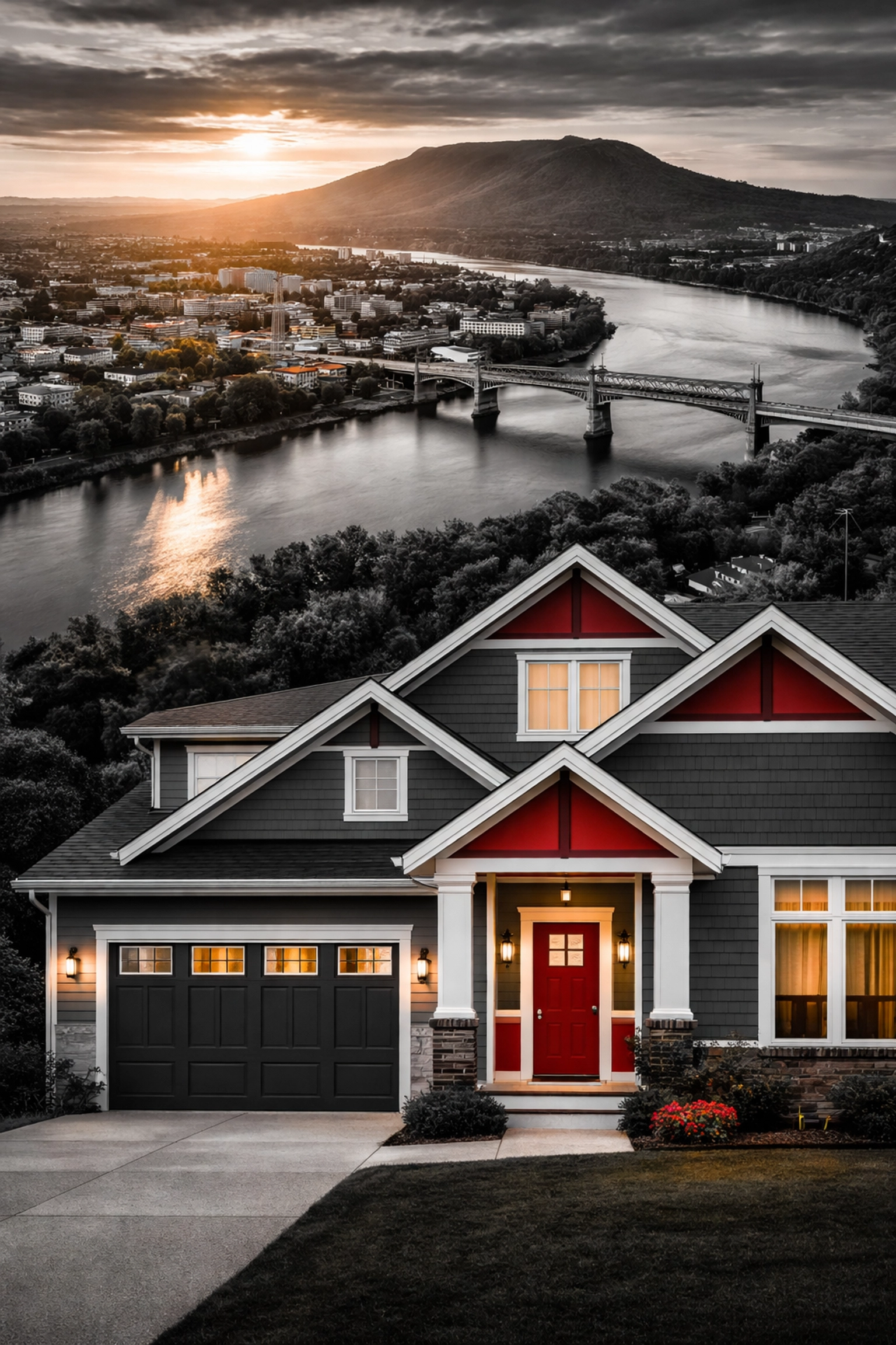 Chattanooga cityscape merging into a modern home with premium siding, showcasing local expertise and home exterior upgrades.