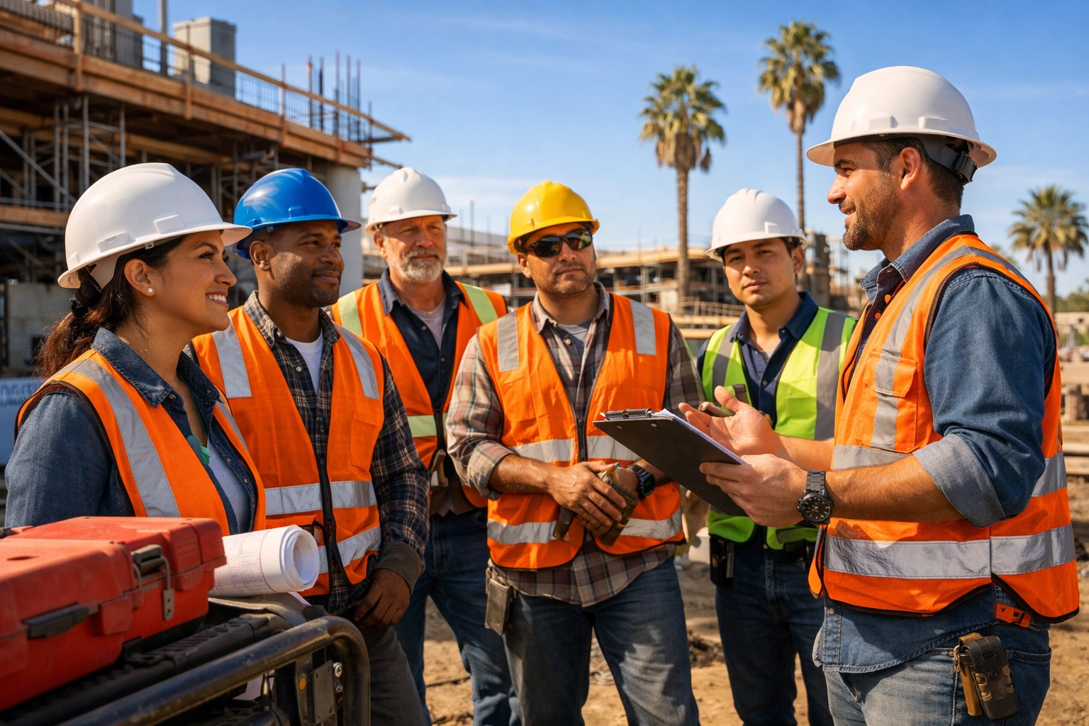 Construction team meeting on jobsite discussing safety and operations
