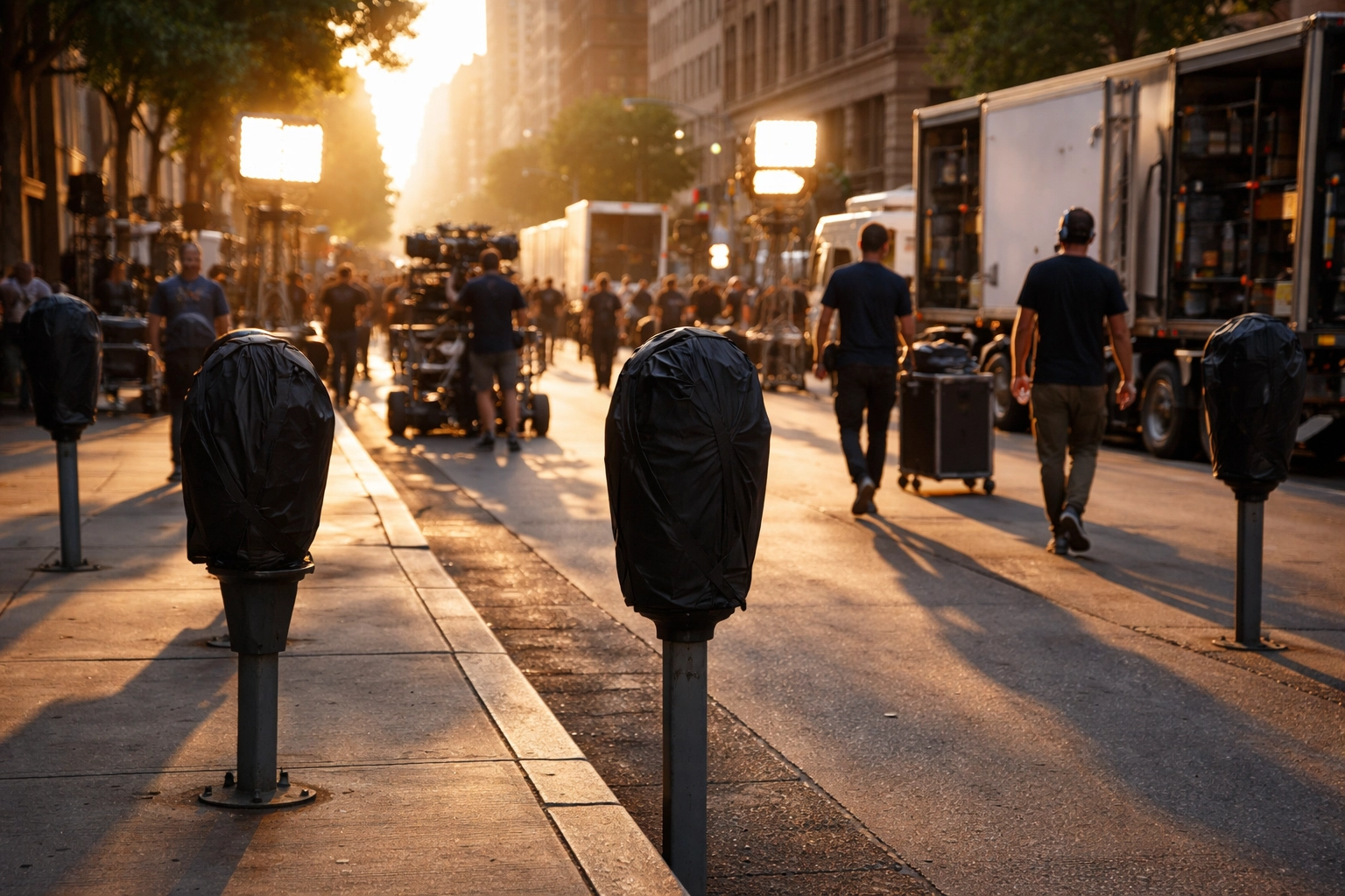 Film set with multiple parking meters covered, demonstrating use of meter covers for reserved film production parking