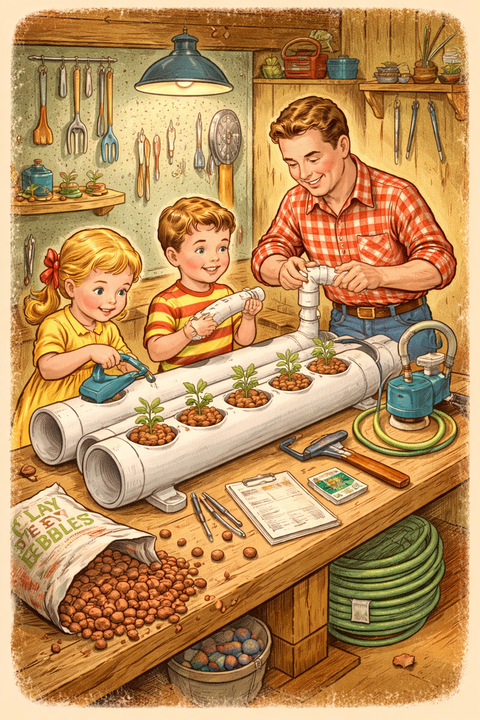 Family assembling a DIY vertical farming tower in a workshop, using PVC pipes, net cups, and a water pump for indoor gardening.