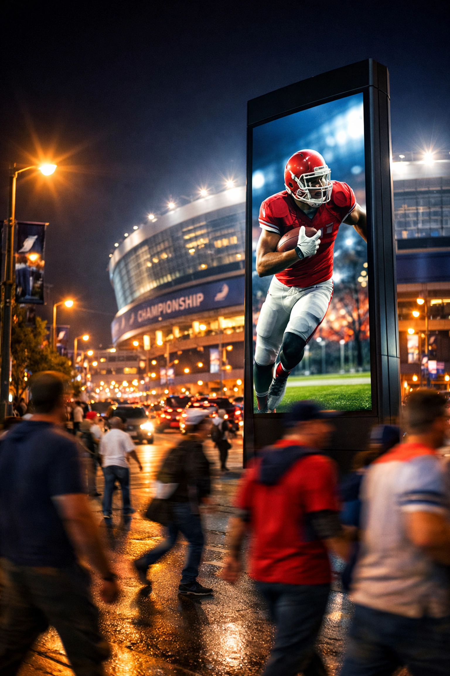 Digital out-of-home advertising pylon at a transit corridor near a major sports stadium during a championship.