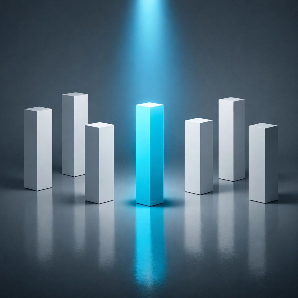 A single highlighted pillar representing a brand winning the recommendation in AI search results.