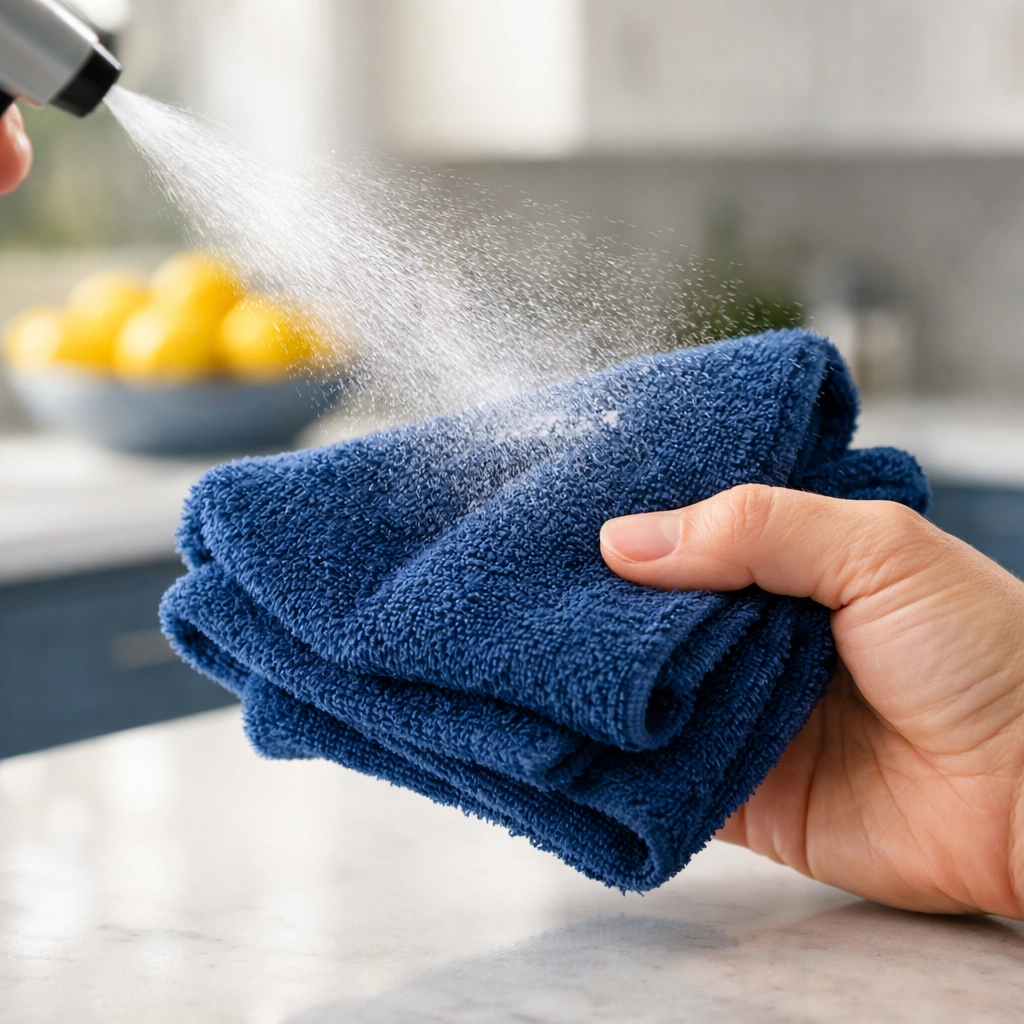 Professional Lowell home cleaning technique: spraying cleaner onto a cloth instead of the countertop.