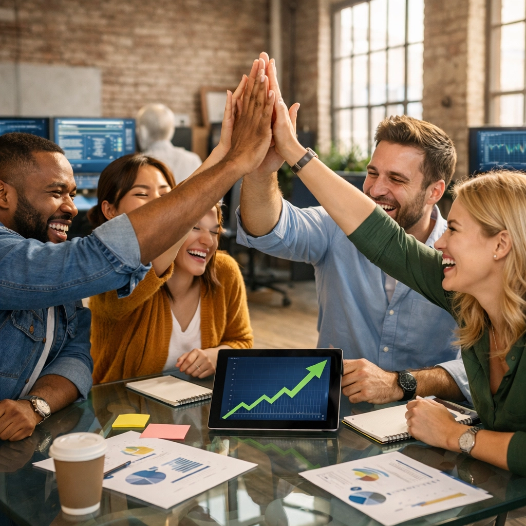 Marketing team celebrating revenue growth in a modern office with active AI agents running on background monitors.