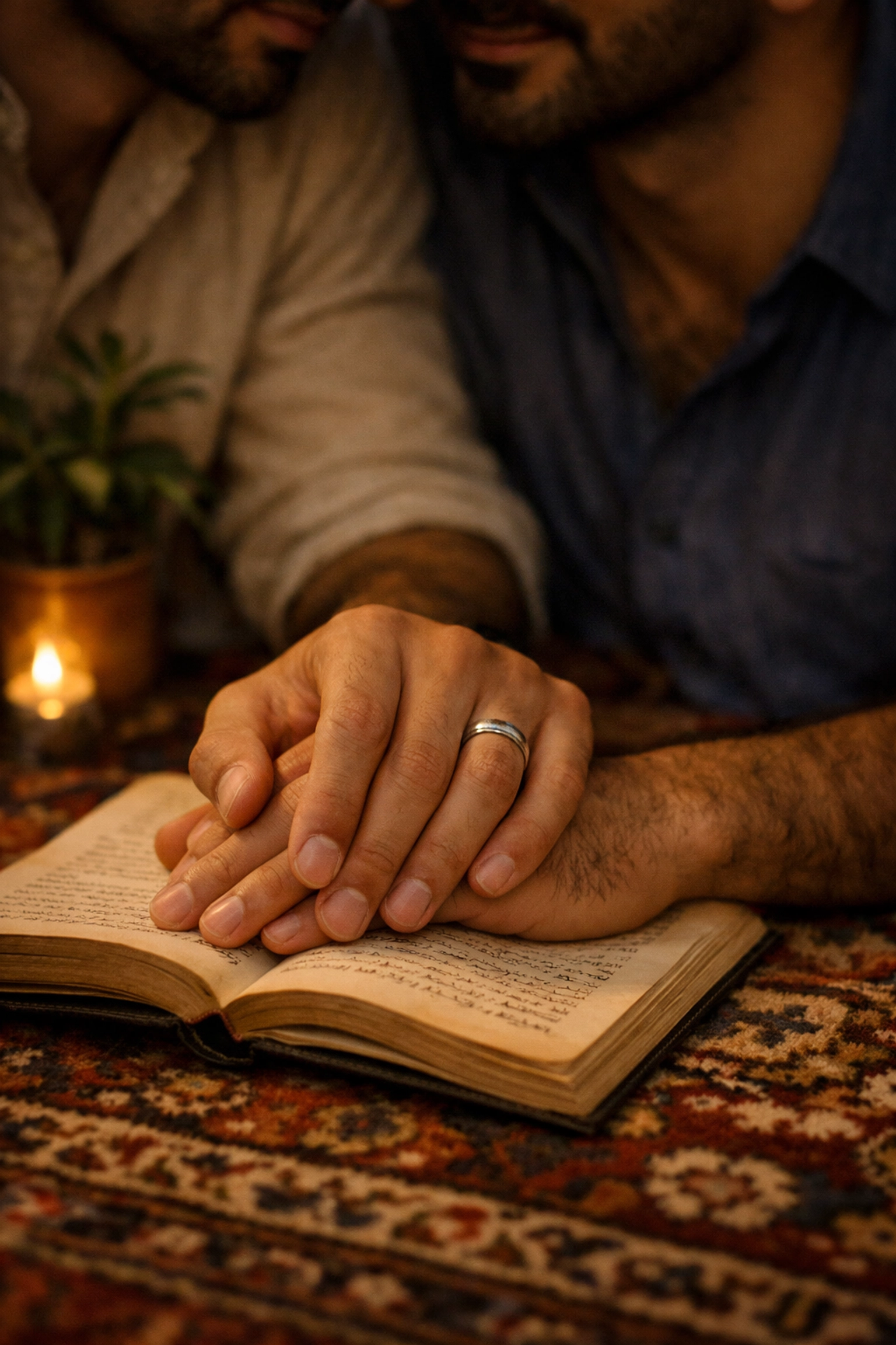 Two men holding hands over an open book, symbolizing chosen family and themes in popular MM romance books.