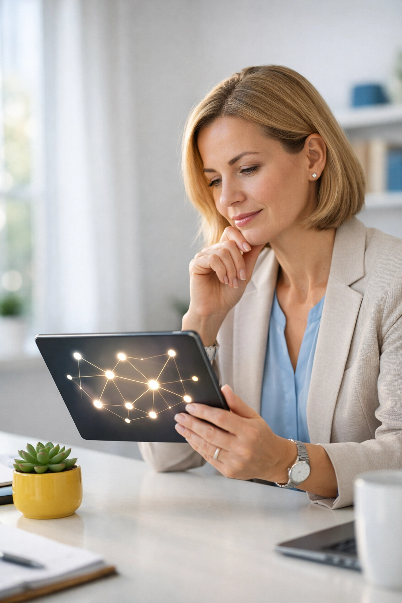 Professional fundraiser using AI to analyze major donor networks and affinity on a tablet.