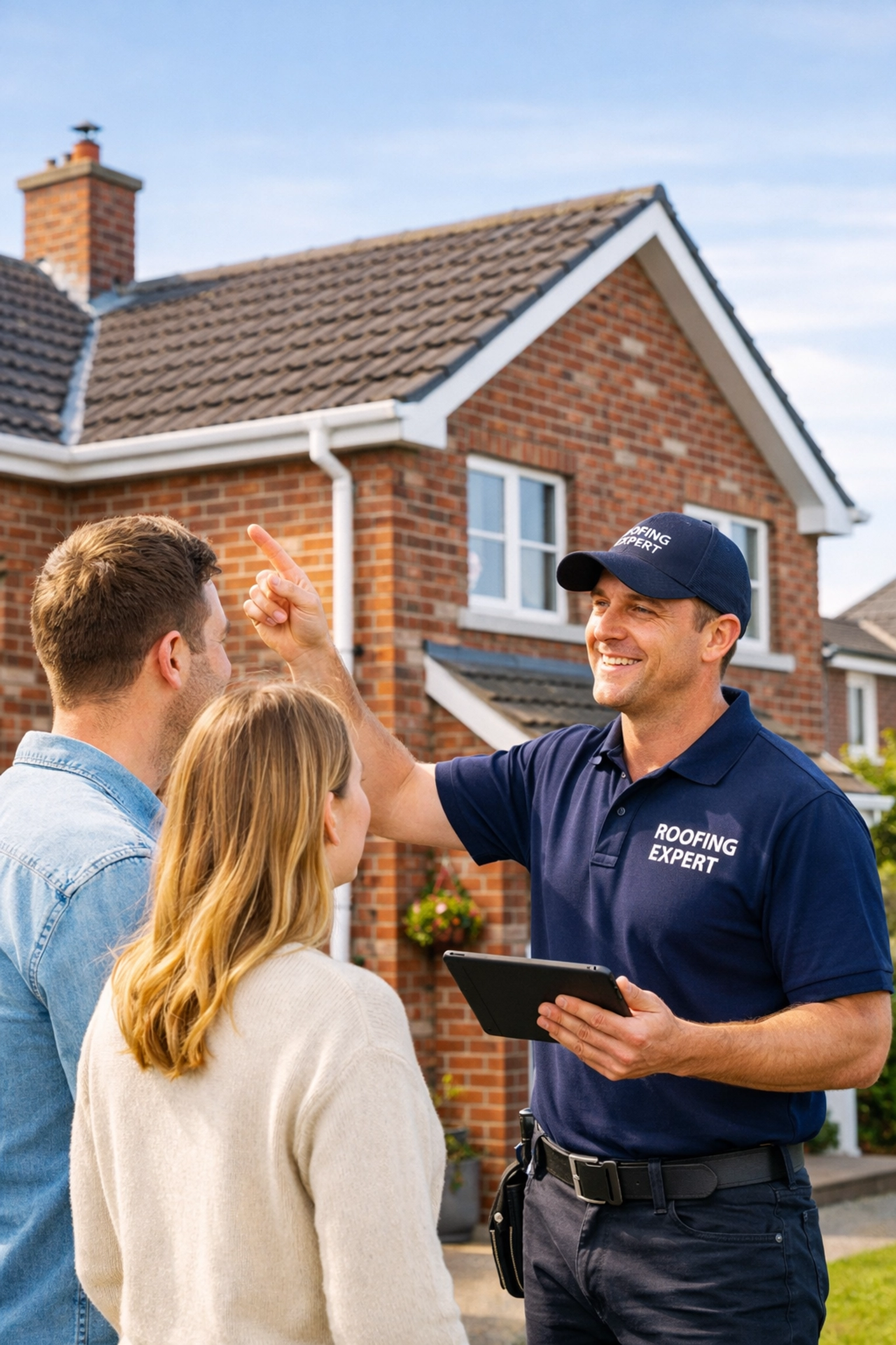 Roofing expert discussing a professional roof survey in Lisburn with a local couple outside their home.