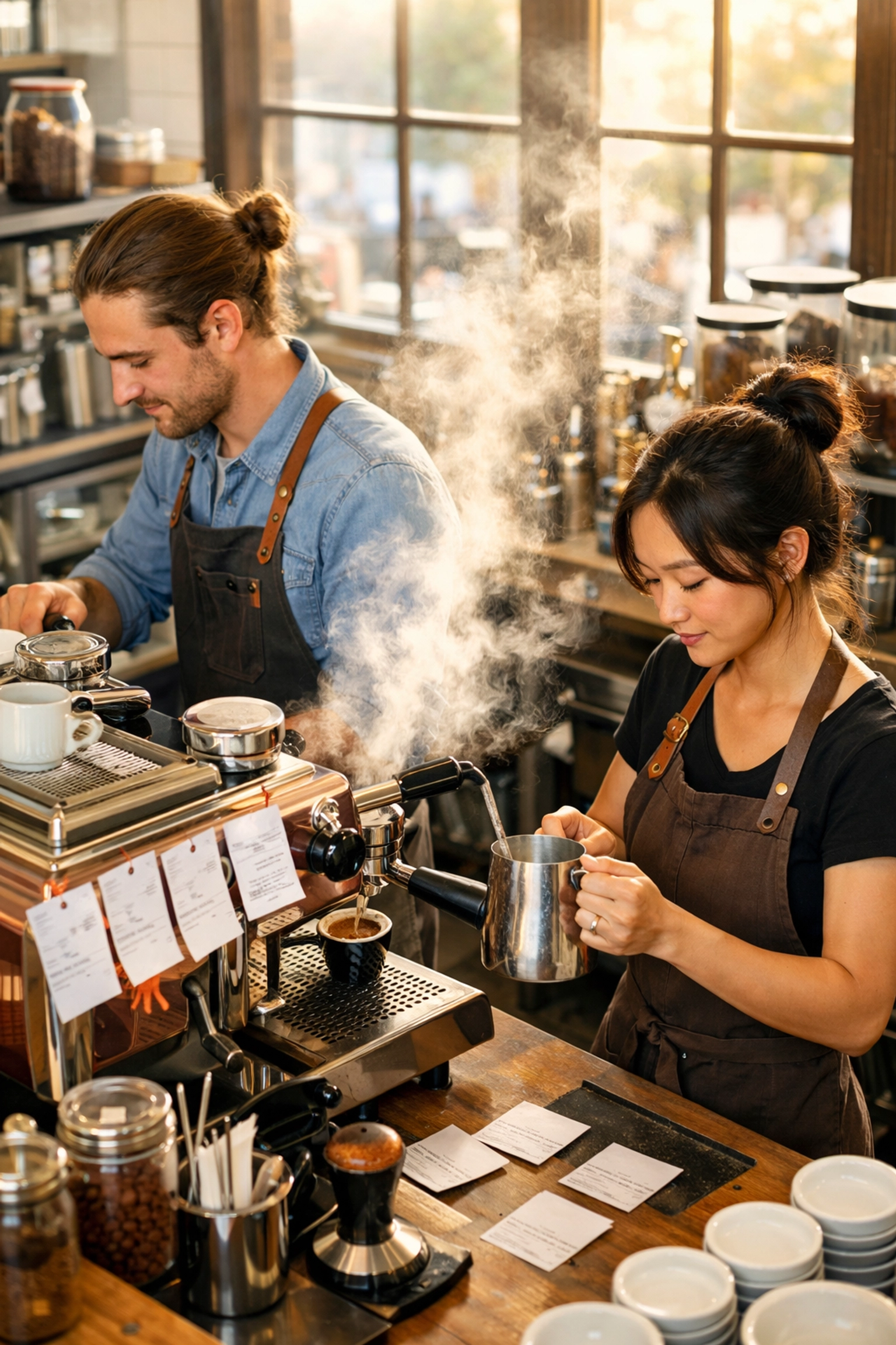 Two baristas working together at espresso bar during busy weekend café rush