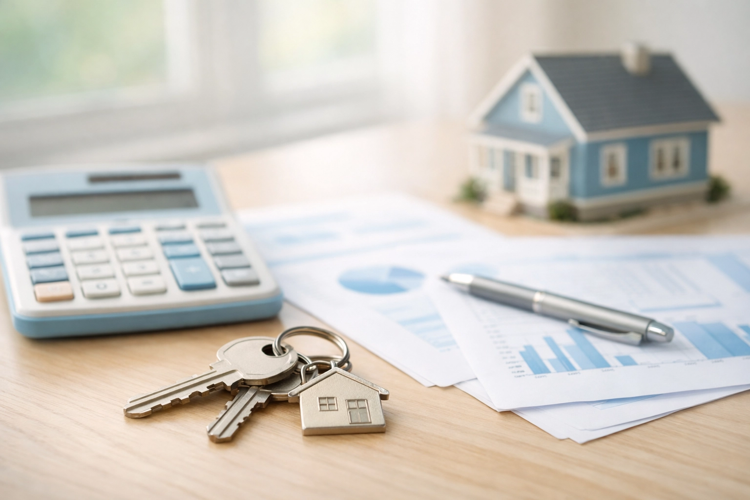 Home loan planning desk with house keys, calculator and financial documents