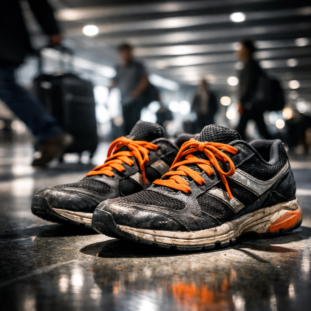 Well-worn training sneakers on airport floor for marathon travel