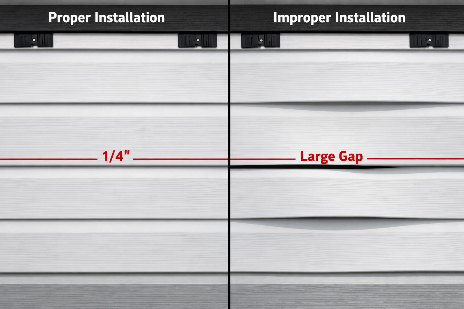 Side-by-side comparison of properly spaced siding vs improperly installed warped panels