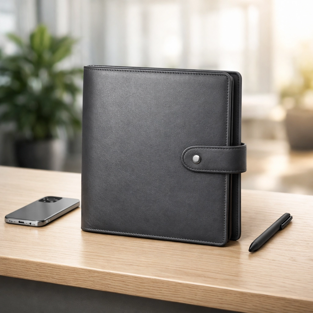 Professional binder representing a Written Information Security Plan (WISP) for ERO compliance on a modern office desk.