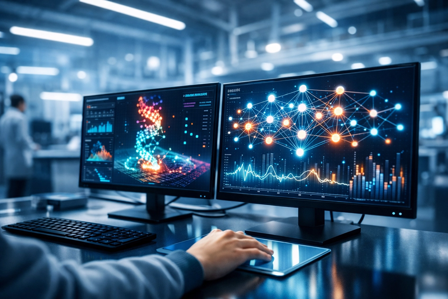 Tech laboratory monitors displaying data analytics and AI visualizations for student development.