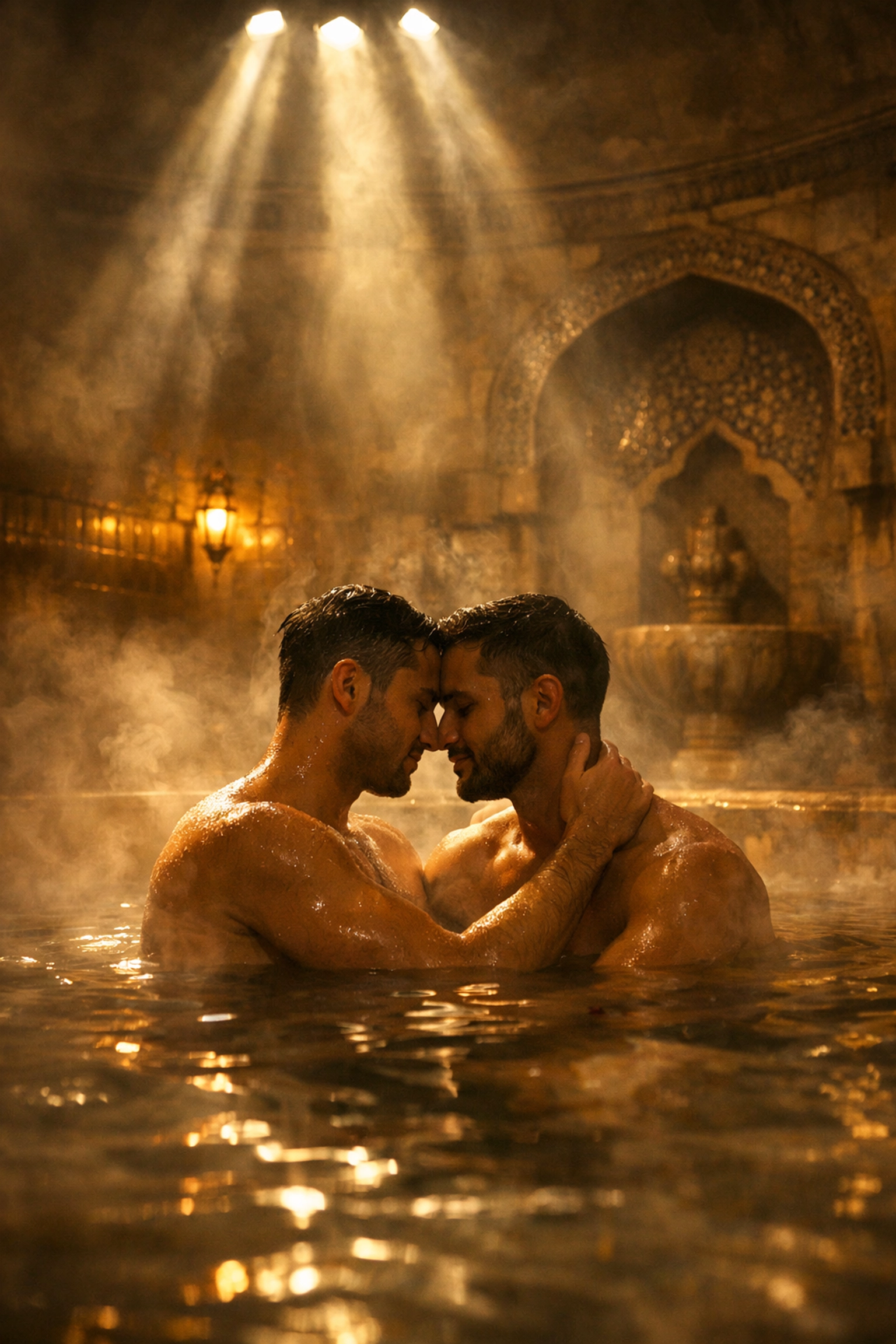 Two men relaxing in historic Budapest thermal bath with steam and Ottoman architecture