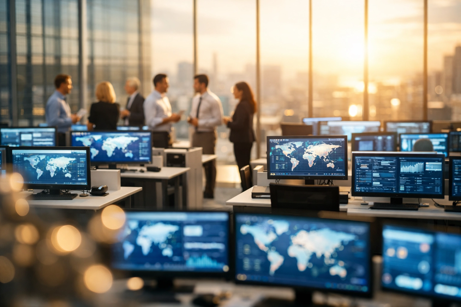 Modern global operations center monitors tracking patterns for international fraud ring investigations.