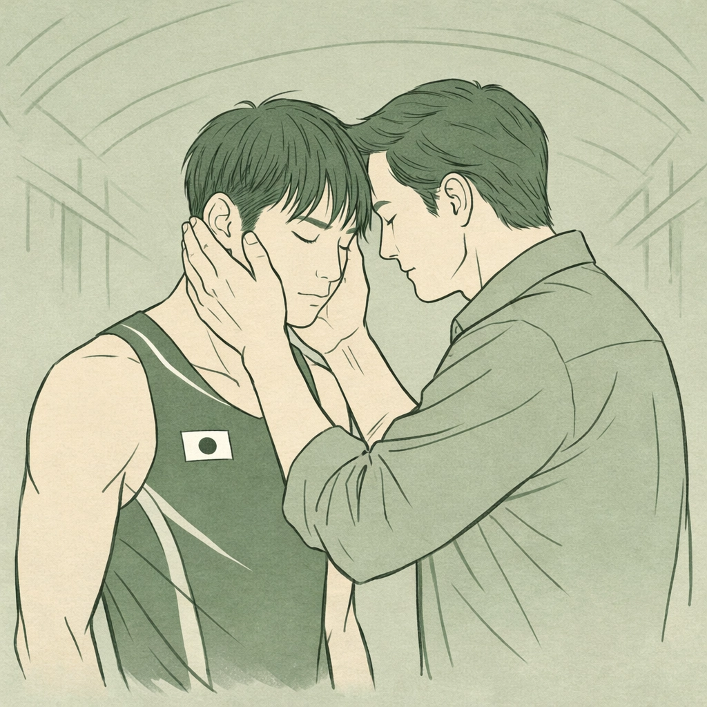 Japanese sprinter and a man of faith in an emotional MM romance scene from The Sprinter’s Prayer.